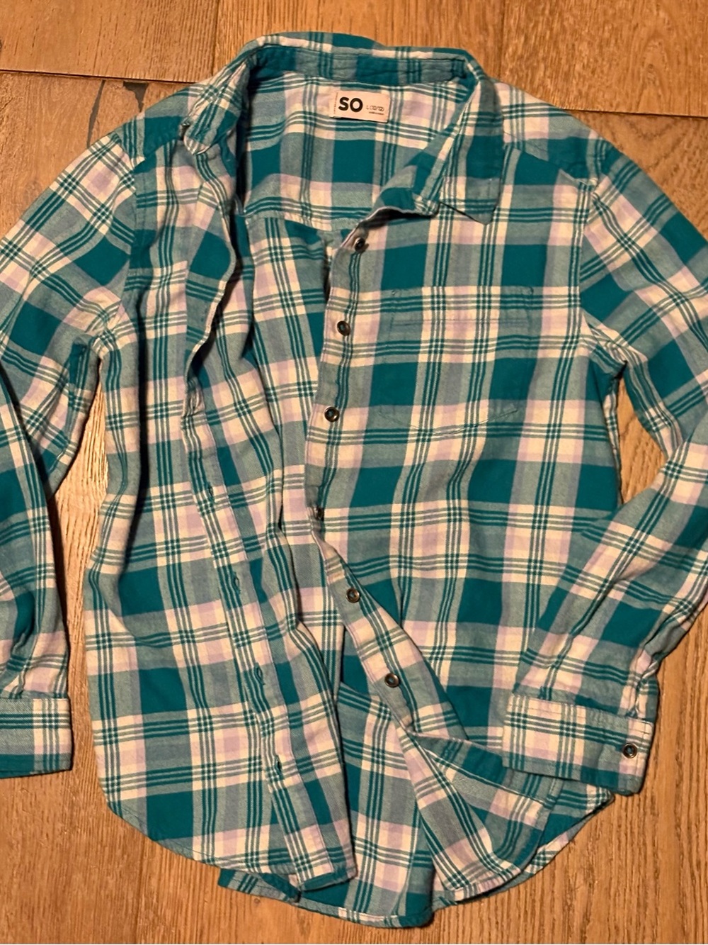 SO Teal and White Plaid Girls' Button-Down Shirt